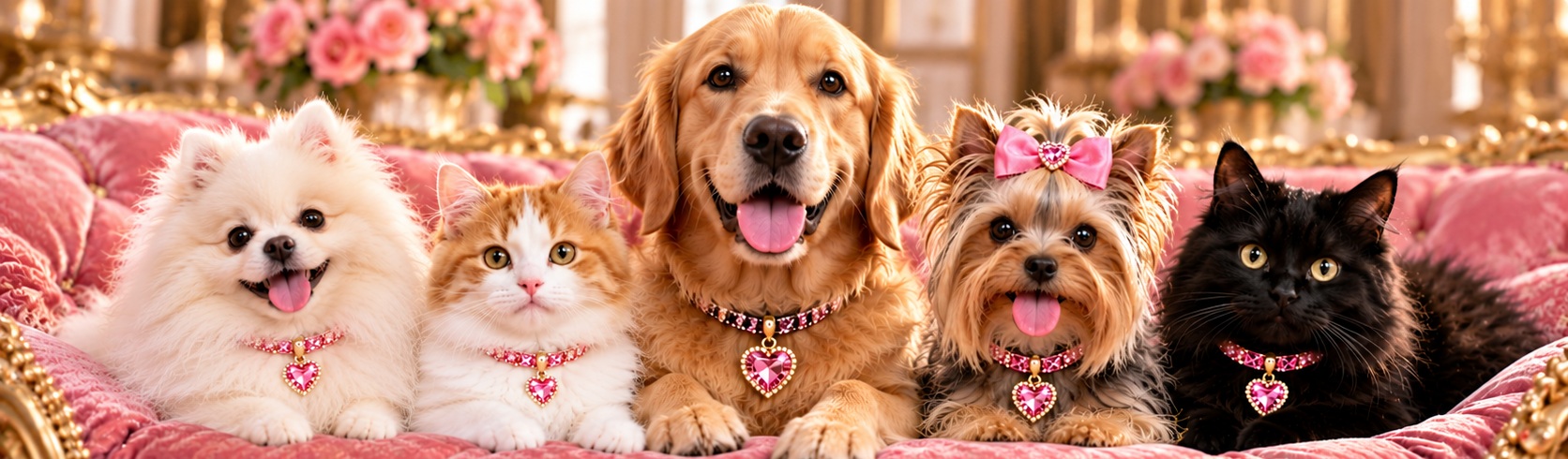 Golden retriever and kitten with gemstone collars in a luxury pink pet setting