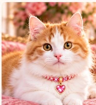 Orange & White Cat wearing a pink gemstone-inspired pet collar