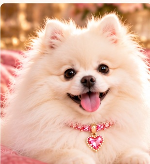 White Pomeranian wearing a pink gemstone-inspired pet collar