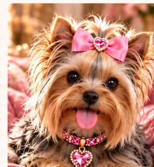 Yorkie wearing a pink gemstone-inspired pet collar
