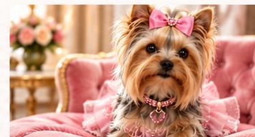 Pet wearing a fashionable bow and gemstone accessory